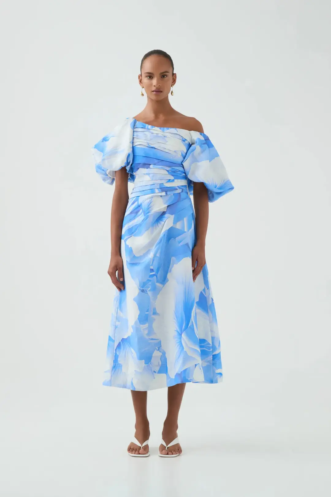 Aje Cadence Ruched Midi Dress Blue Puff Sleeve Size 14 for rent on The Volte - main image