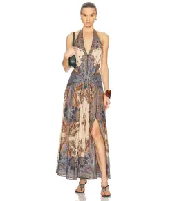 Zimmermann Ascension Plunge Halter Maxi Dress in Blue/Cream Indienne Floral Size 0 / AU 8 for rent on The Volte - image 1