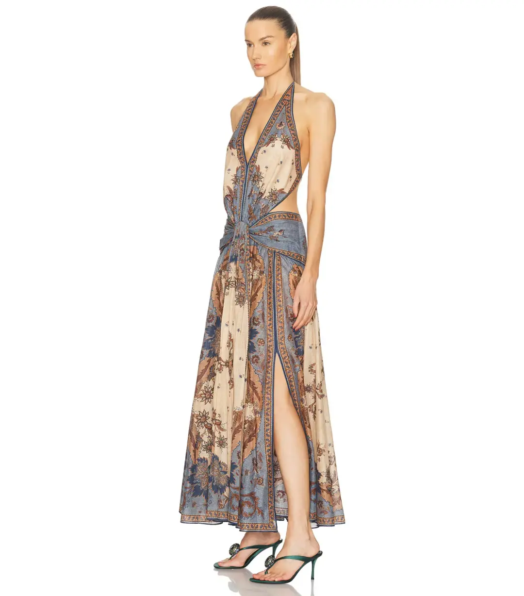 Zimmermann Ascension Plunge Halter Maxi Dress in Blue/Cream Indienne Floral Size 0 / AU 8 for rent on The Volte - main image