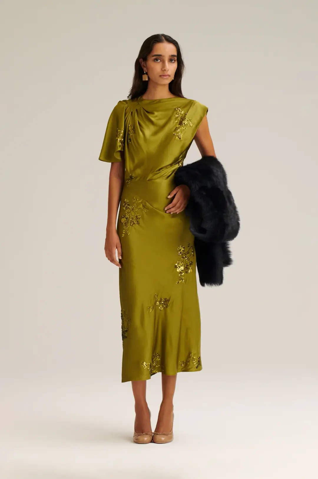 Scanlan Theodare Beaded Satin Draped Dress in Green Size 10 for rent on The Volte - main image