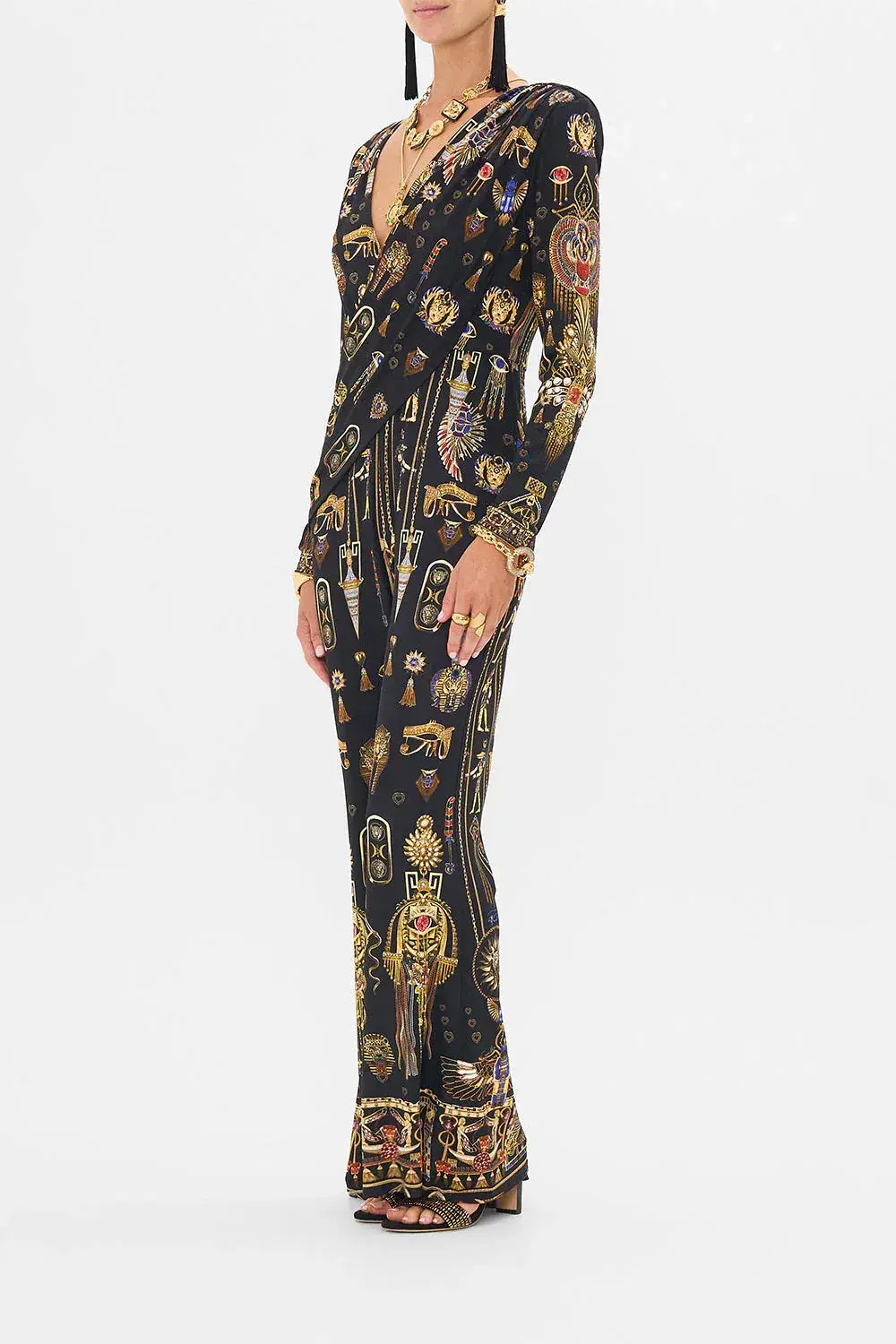Camilla Draped V Neck Jersey Flared Jumpsuit Multi Print Size 12 for rent on The Volte - main image