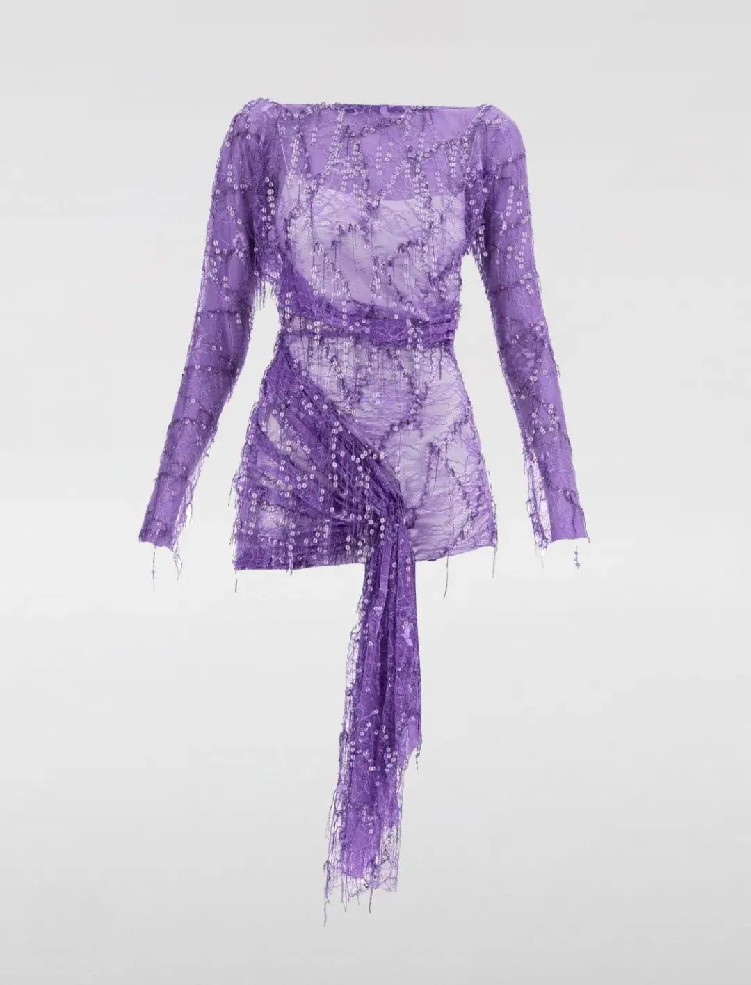Christopher Esber Encased Beaded Ivy Lace Long Sleeve Mini Dress Grape Size 12 for rent on The Volte - main image