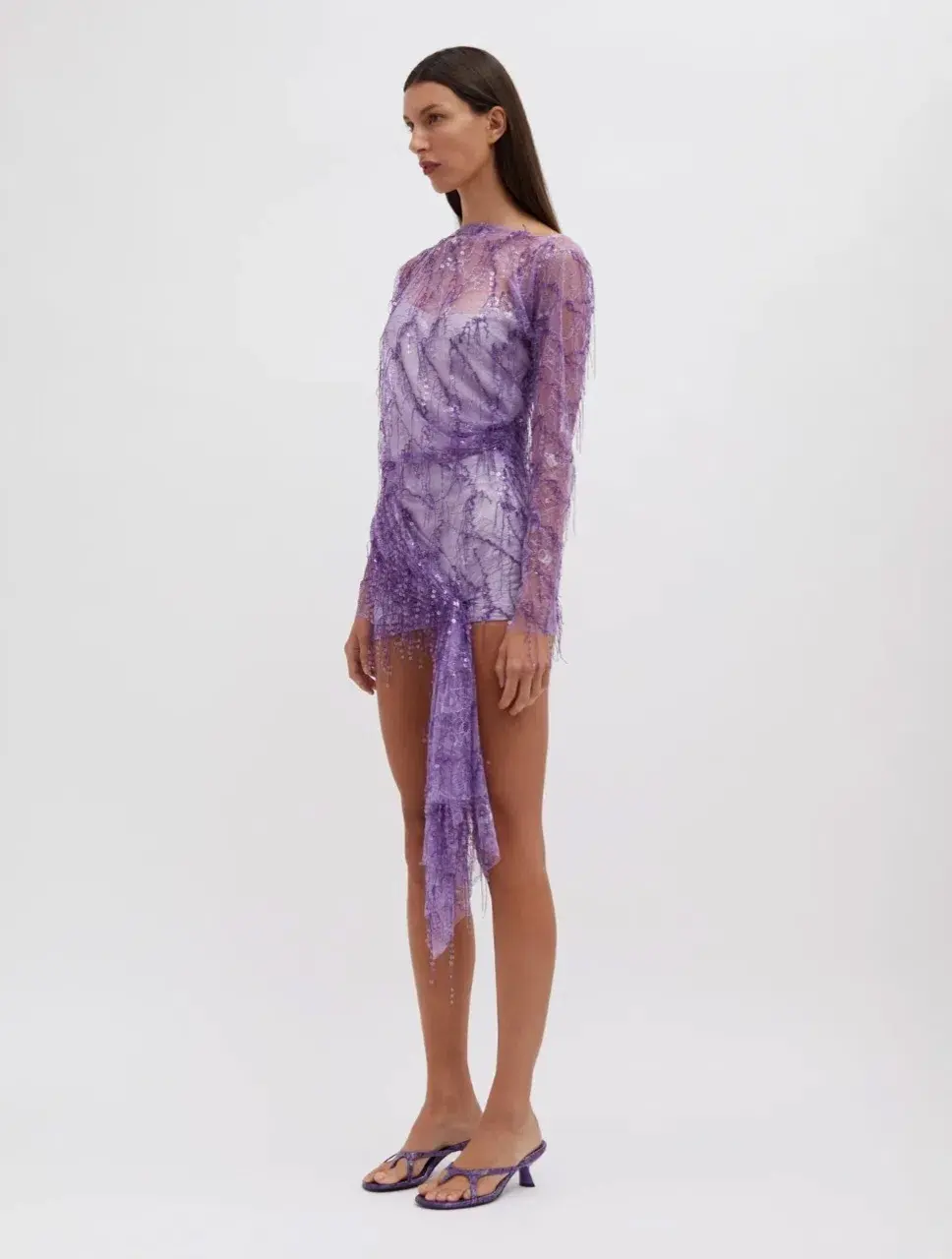 Christopher Esber Encased Beaded Ivy Lace Long Sleeve Mini Dress Grape Size 12 for rent on The Volte - main image