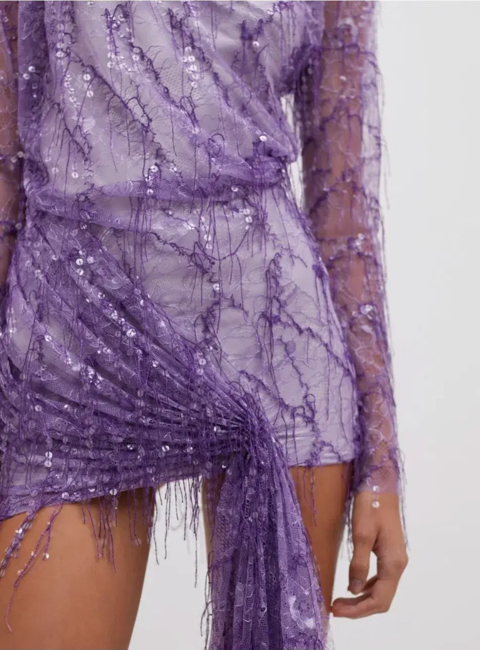 Christopher Esber Encased Beaded Ivy Lace Long Sleeve Mini Dress Grape Size 12 for rent on The Volte - main image