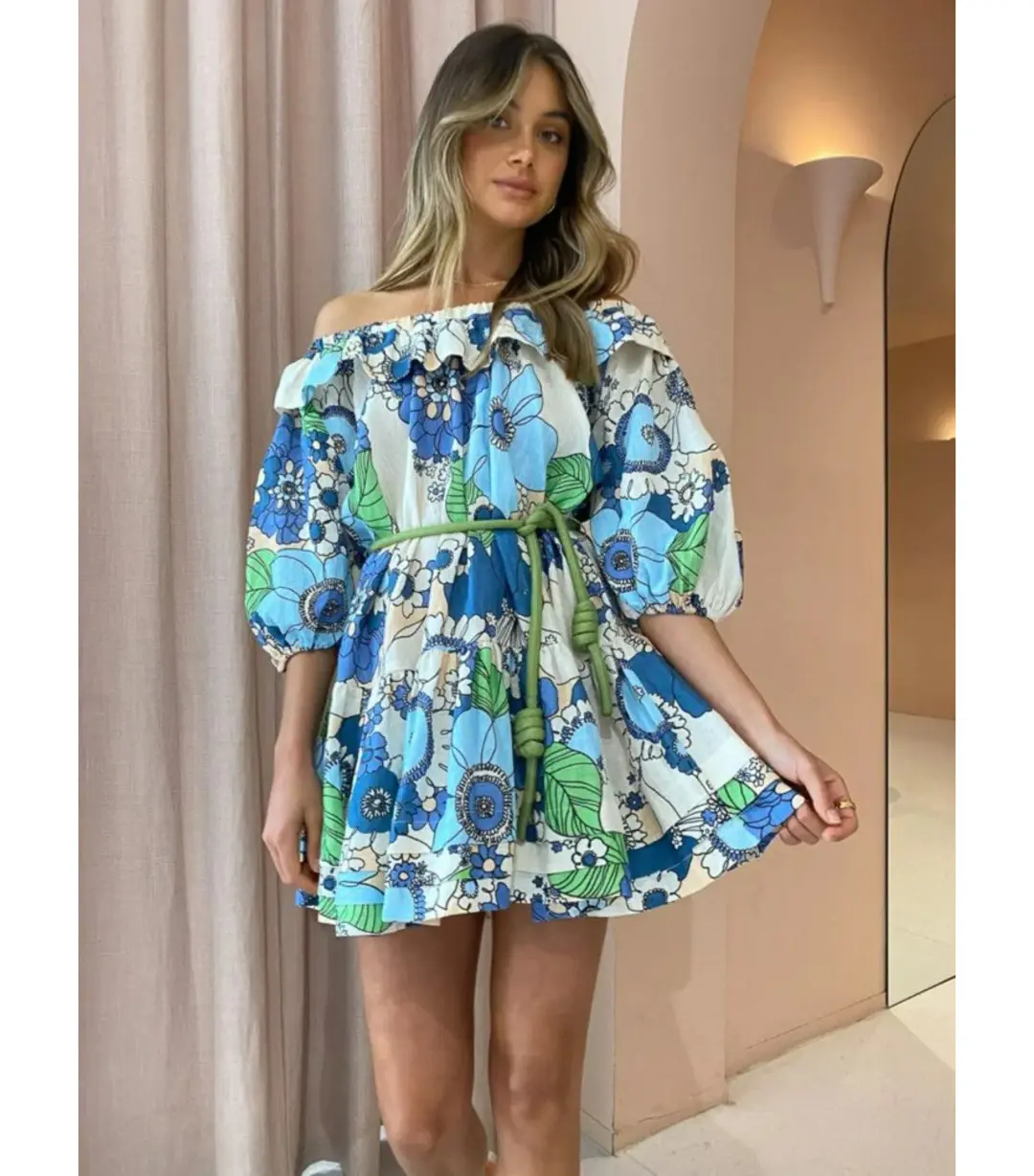 Alemais Farrah Ruffle Mini Dress Blue Floral Size AU 10 for rent on The Volte - main image