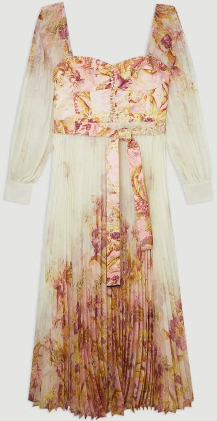 Karen Millen Border Print Floral And Satin Bodice Pleat Woven Maxi Dress Size AU 22 for rent on The Volte - main image