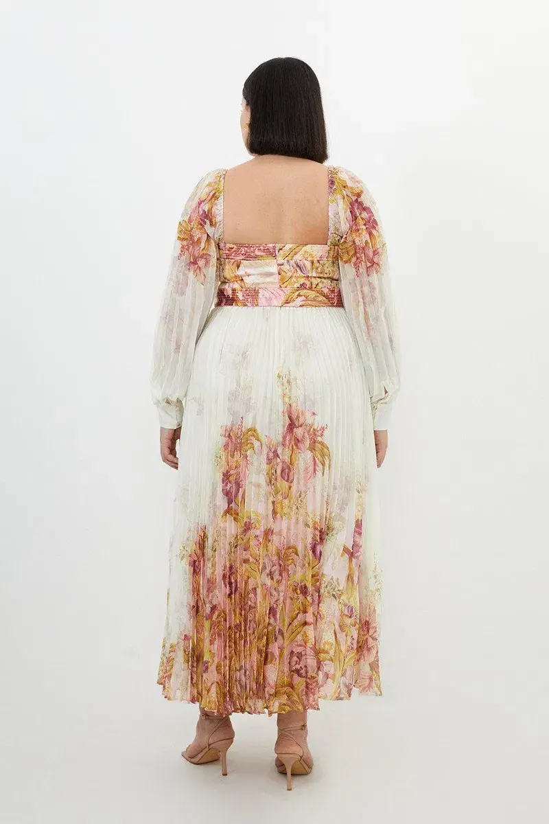 Karen Millen Border Print Floral And Satin Bodice Pleat Woven Maxi Dress Size AU 22 for rent on The Volte - main image