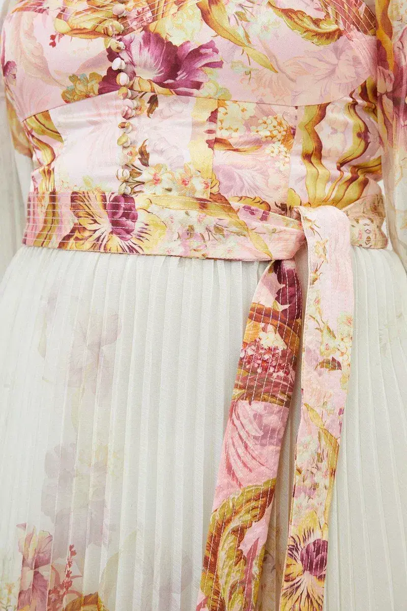 Karen Millen Border Print Floral And Satin Bodice Pleat Woven Maxi Dress Size AU 22 for rent on The Volte - main image