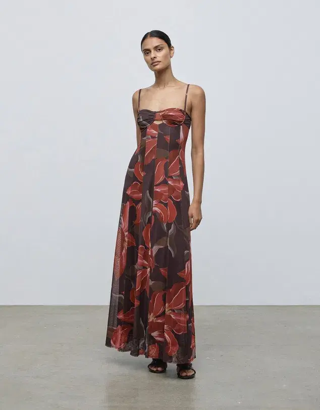 Lover Cleo Bustier Mesh Maxi Dress Chocolate Watercolour Hibiscus Size AU 6 for rent on The Volte - main image