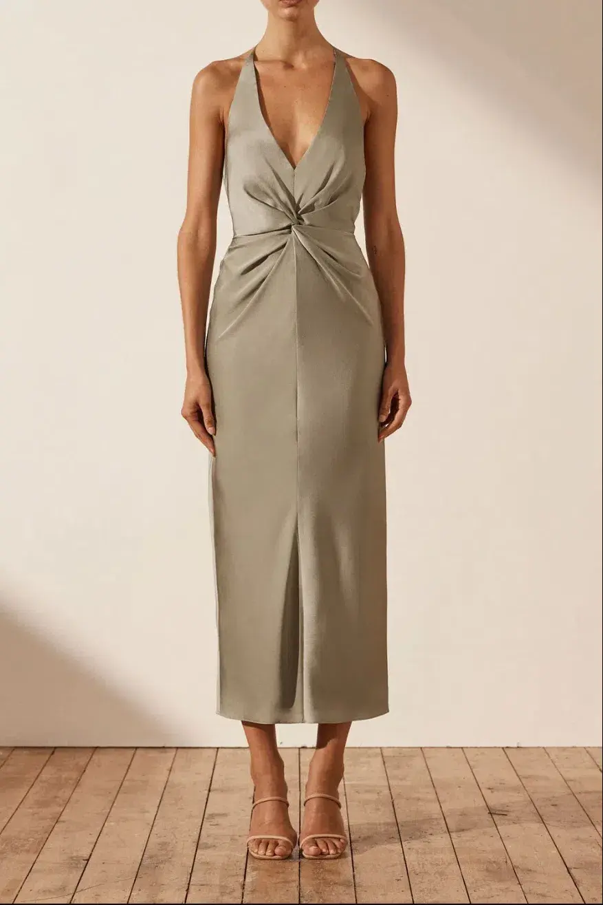 Shona Joy Luxe Twist Front Halter Midi Dress Eucalyptus Size 8 for rent on The Volte - main image