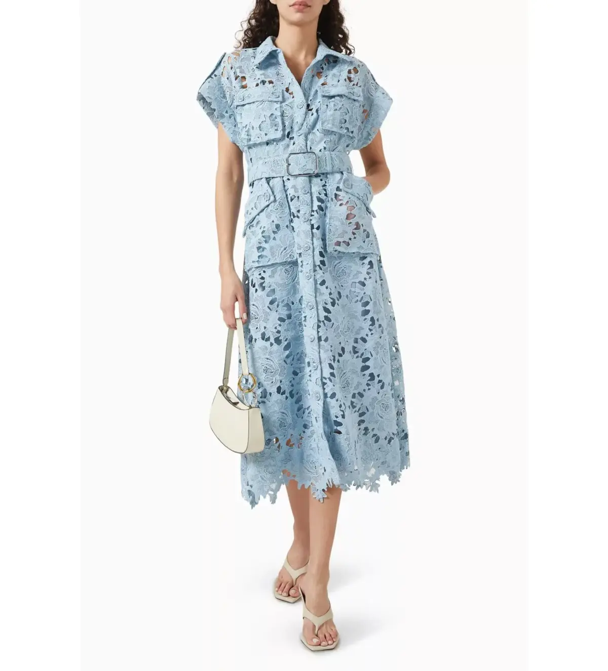 Leo Lin Lace Pocket Shirt Midi Dress Powder Blue Size AU 10 - Image 1
