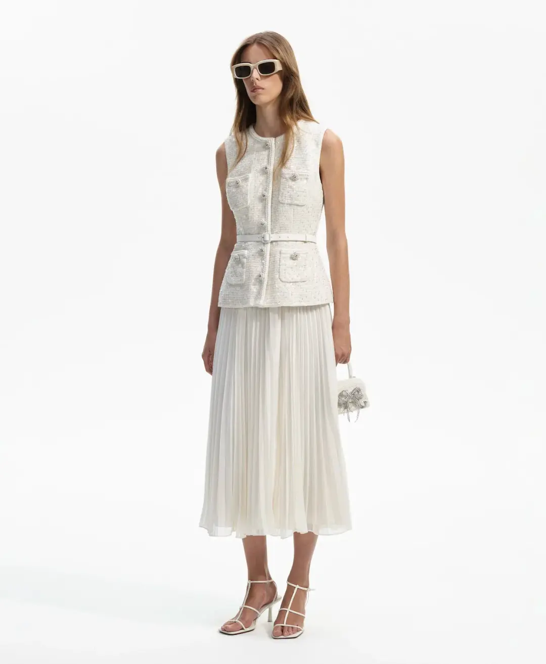 Self Portrait Sequined Bouclé Midi Dress in Cream Size 10 for rent on The Volte - main image