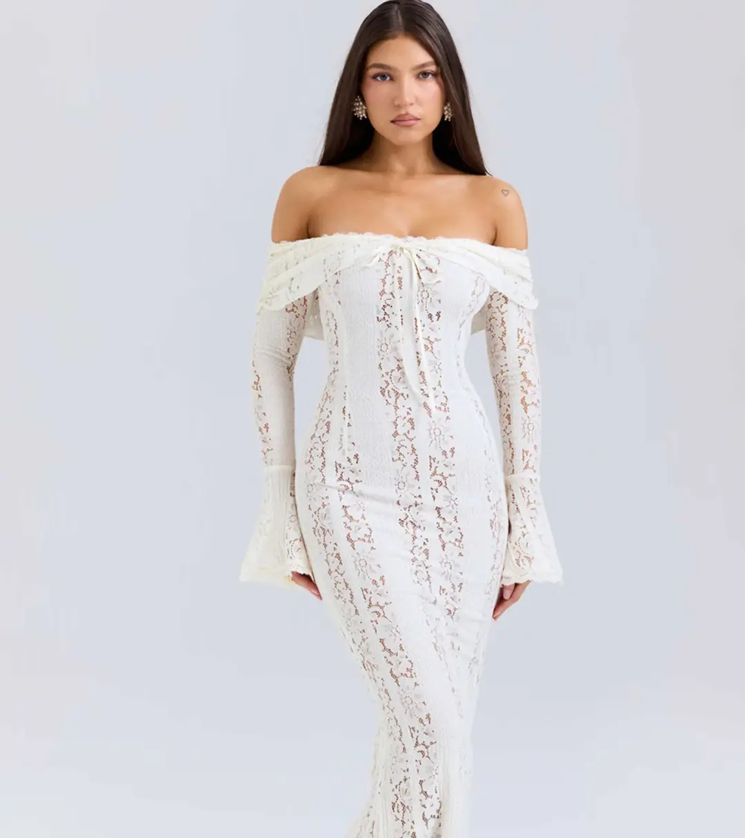 House of CB Belle Vintage Cream Floral Lace Off Shoulder Maxi Dress - Size L / AU 8-10 for rent on The Volte - main image