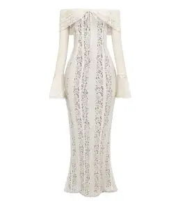 House of CB Belle Vintage Cream Floral Lace Off Shoulder Maxi Dress - Size L / AU 8-10 for rent on The Volte - image 3