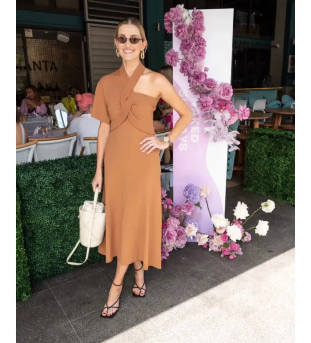 Oroton Asymptomatic Knit One Shoulder Midi Dress Toffee Size XS/AU 6 for rent on The Volte - main image