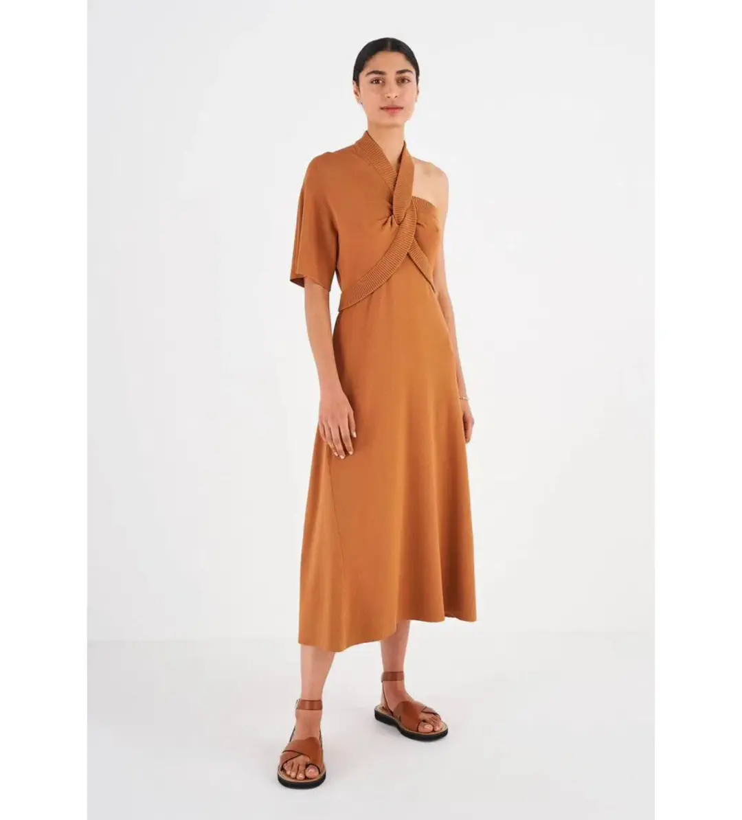 Oroton Asymptomatic Knit One Shoulder Midi Dress Toffee Size XS/AU 6 for rent on The Volte - main image