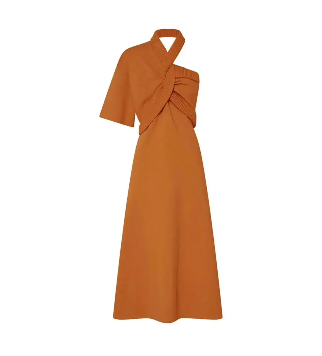 Oroton Asymptomatic Knit One Shoulder Midi Dress Toffee Size XS/AU 6 for rent on The Volte - main image