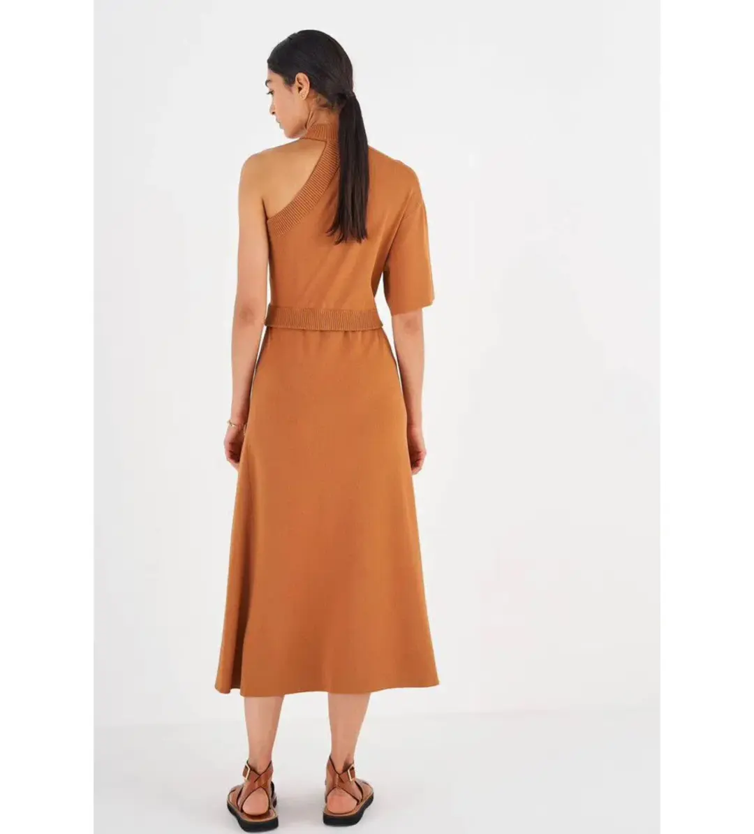 Oroton Asymptomatic Knit One Shoulder Midi Dress Toffee Size XS/AU 6 for rent on The Volte - main image