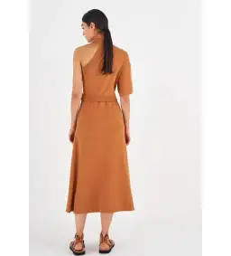 Oroton Asymptomatic Knit One Shoulder Midi Dress Toffee Size XS/AU 6 for rent on The Volte - image 4