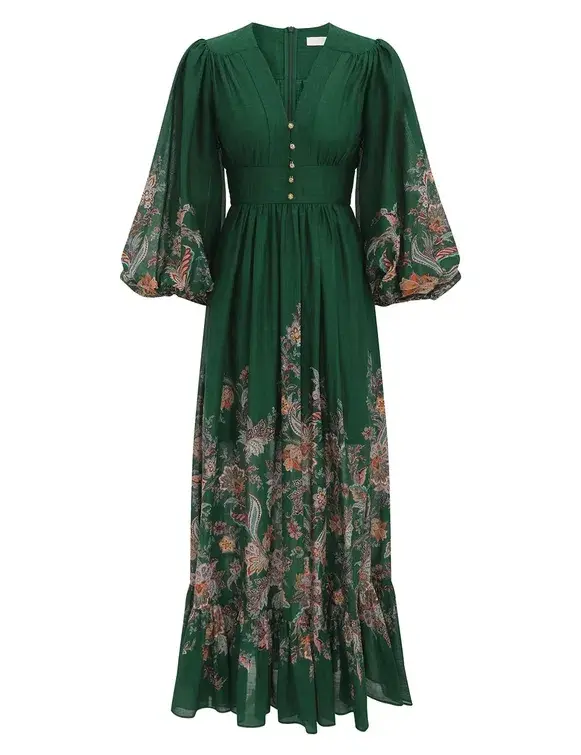 Zimmermann Rhiannon Plunge Maxi Dress Green Multi Paisley Size 3 / AU 14 for rent on The Volte - main image