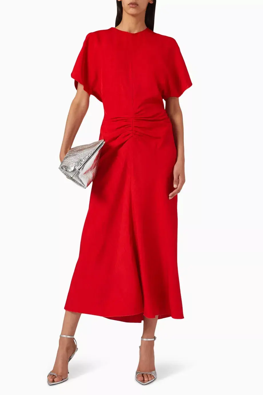 Victoria Beckham Gathered Waist Midi Dress Red Size 12 for rent on The Volte - main image