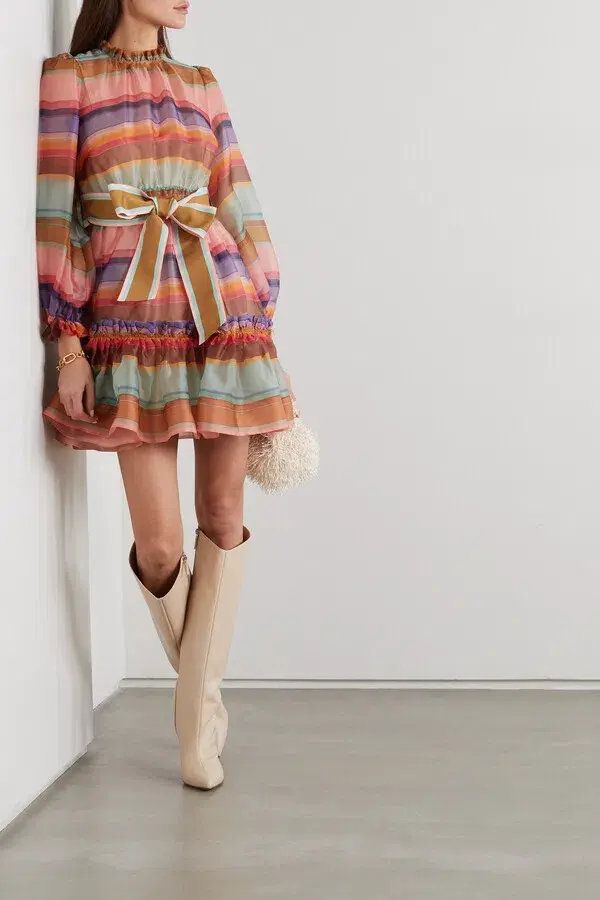 Zimmermann The Lovestruck Belted Striped Silk-Organza Mini Dress Multi Size 0/AU 8 for rent on The Volte - main image
