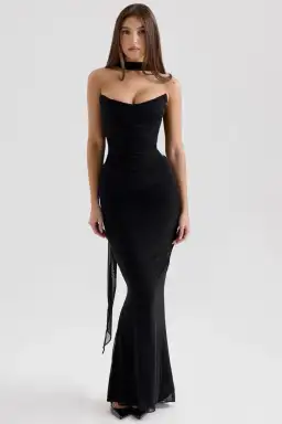 House of CB Black Hallie Strapless Corset With Neck Scarf & Cassidy Fluted Hem Maxi Skirt Set Size in Black XS / AU 6