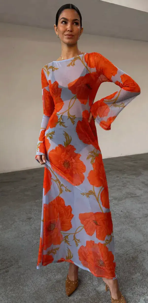 Never Fully Dressed Blue Poppy Aria Mesh Maxi Dress Size AU 12 for rent on The Volte - main image