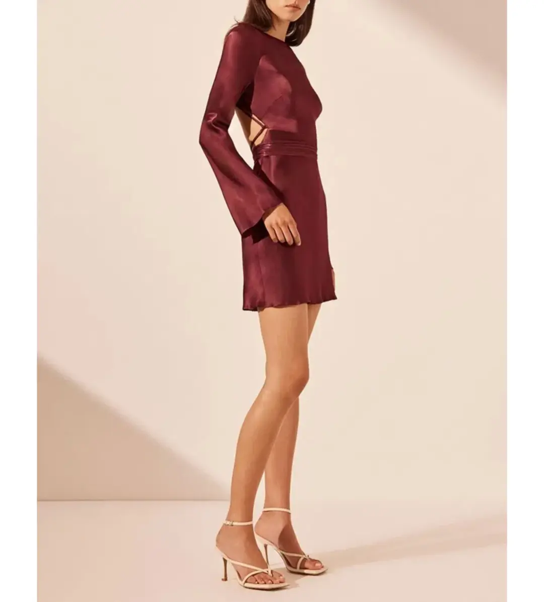 Shona Joy Elia Long Sleeve Open Back Tie Mini Dress Burgundy Size 10 for rent on The Volte - main image