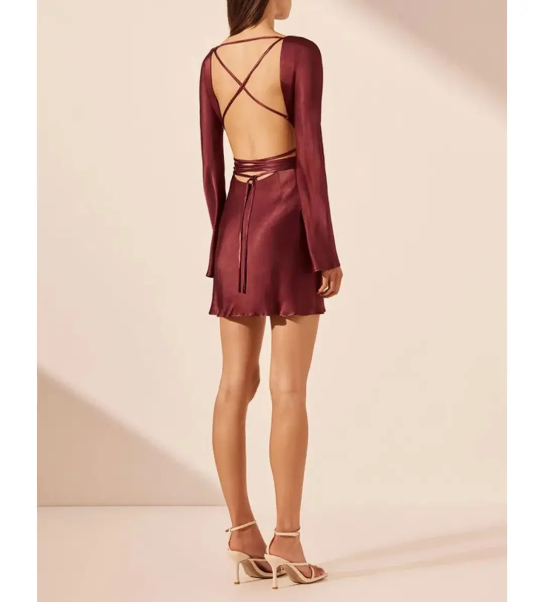 Shona Joy Elia Long Sleeve Open Back Tie Mini Dress Burgundy Size 10 for rent on The Volte - main image