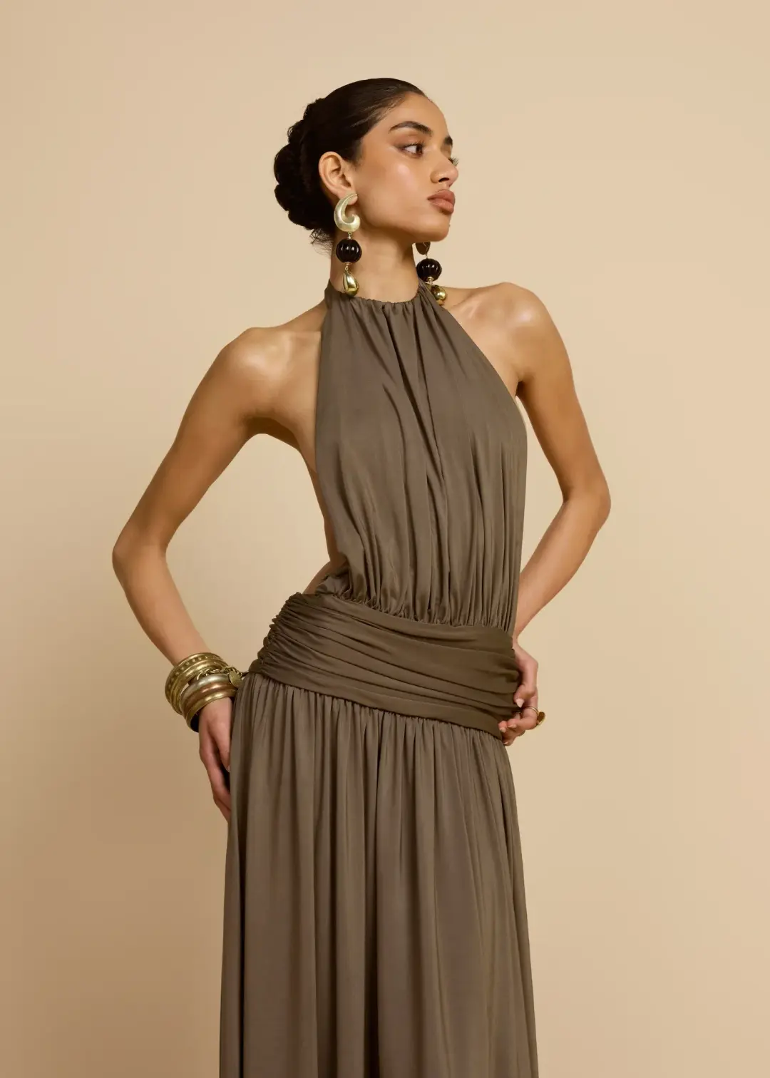 Arcina Ori Santina Maxi Dress Earthy Neutral Khaki Size S for rent on The Volte - main image
