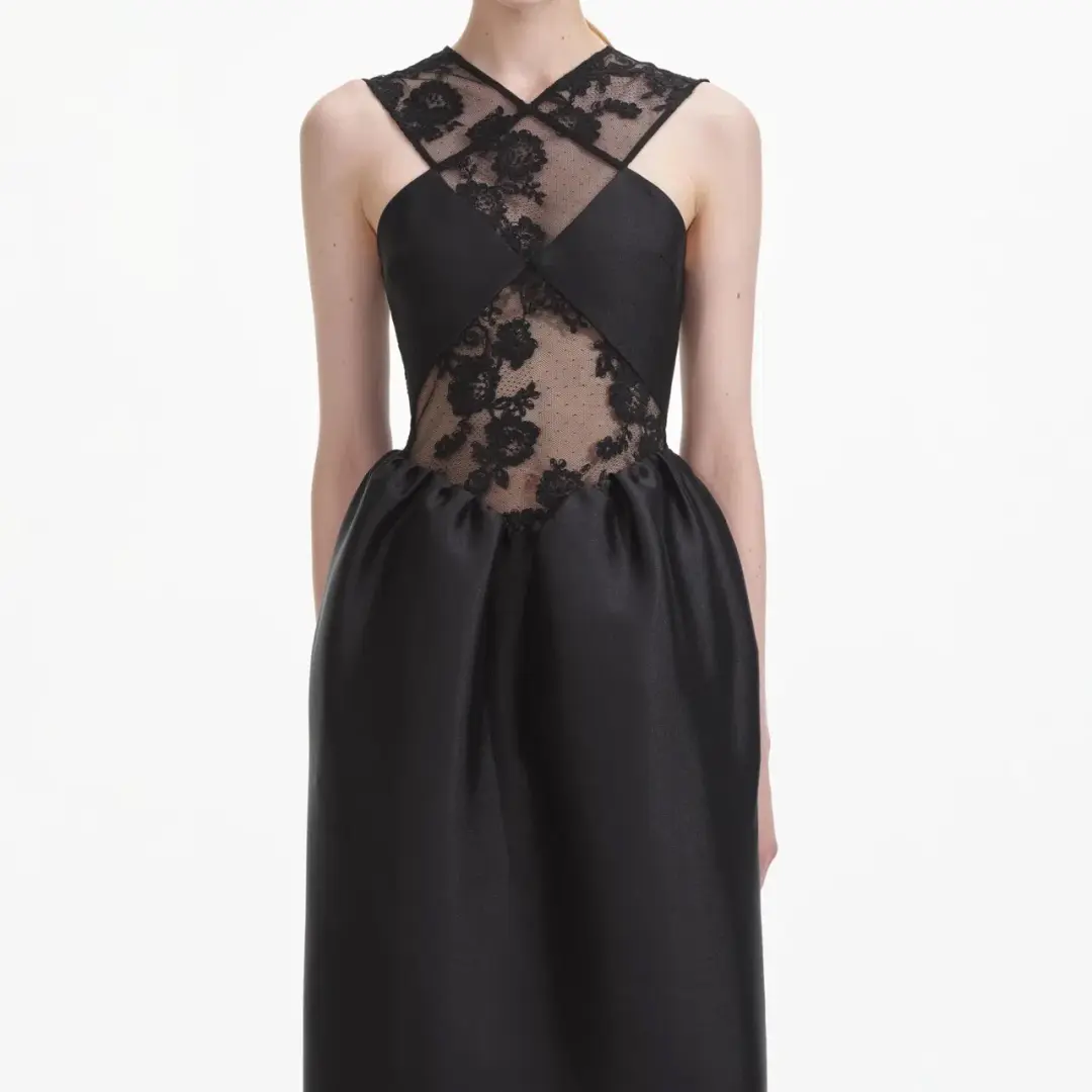 Self-Portrait Lace-trim Taffeta Maxi Dress in Black Size 8 for rent on The Volte - main image