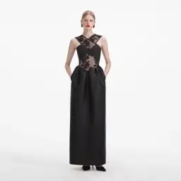 Self-Portrait Lace-trim Taffeta Maxi Dress in Black Size 8 for rent on The Volte - image 2