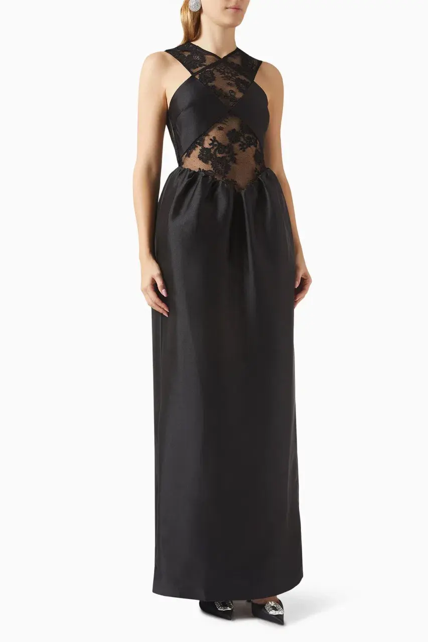 Self-Portrait Lace-trim Taffeta Maxi Dress in Black Size 8 for rent on The Volte - main image