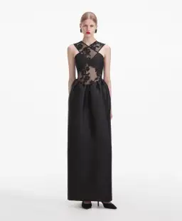 Self-Portrait Lace-trim Taffeta Maxi Dress in Black Size 8 for rent on The Volte - image 1