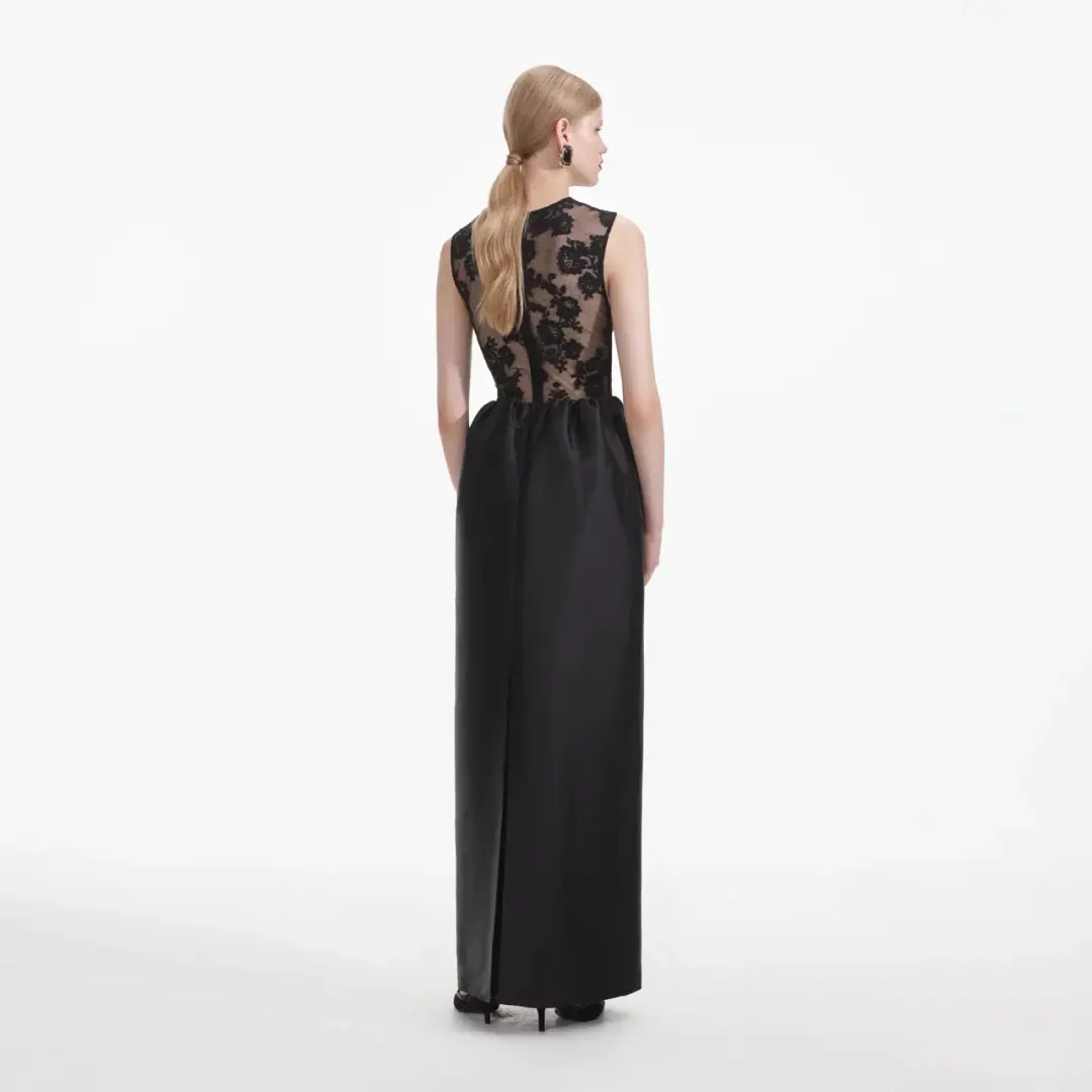 Self-Portrait Lace-trim Taffeta Maxi Dress in Black Size 8 for rent on The Volte - main image