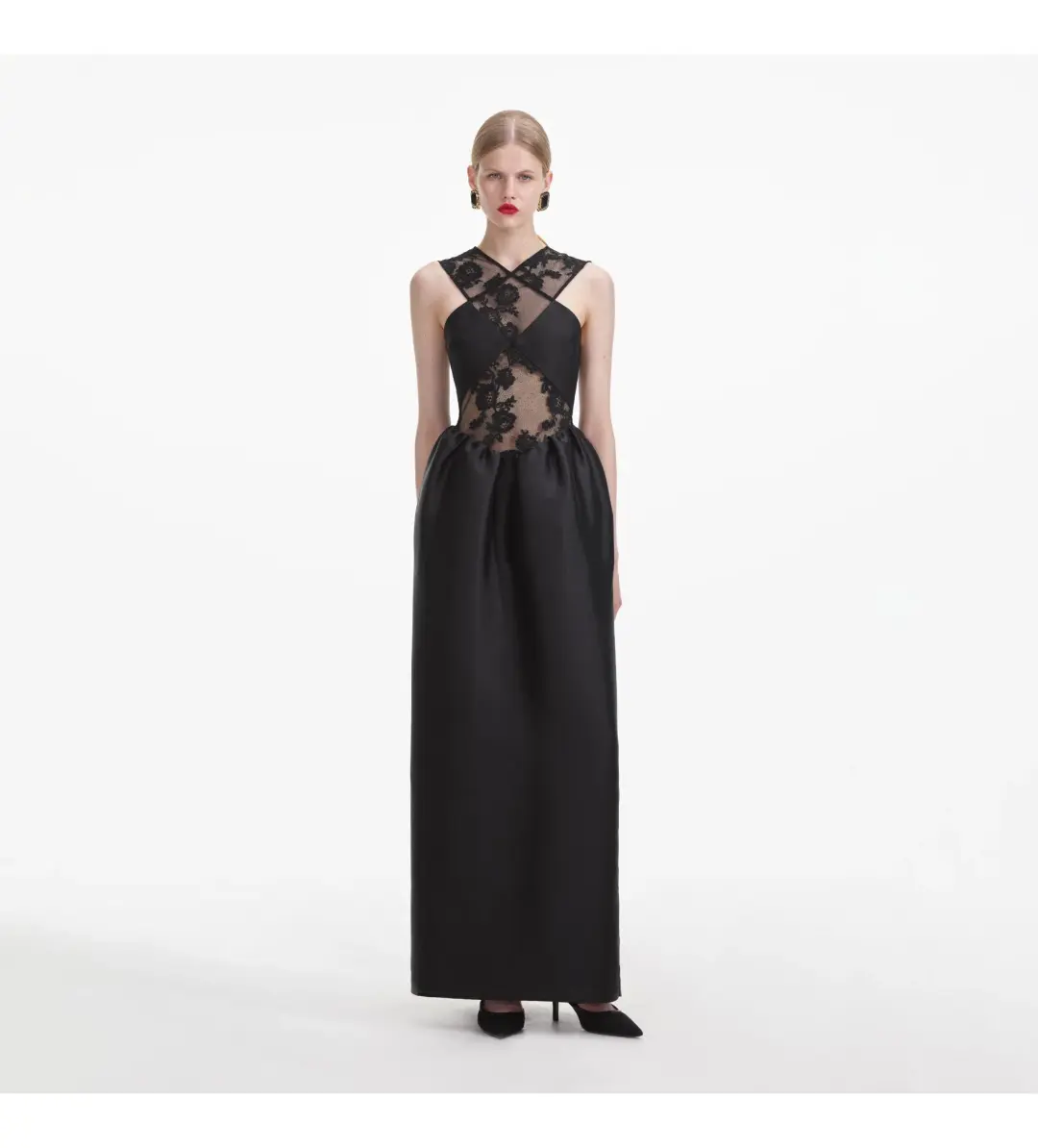 Self Portrait Lace Taffeta Maxi Dress in Black Size 12 for rent on The Volte - main image