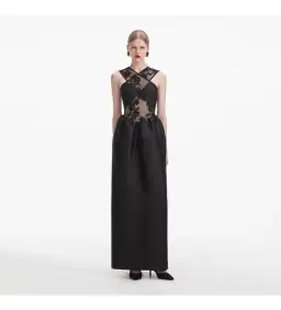 Self Portrait Lace Taffeta Maxi Dress in Black Size 12 for rent on The Volte - image 1