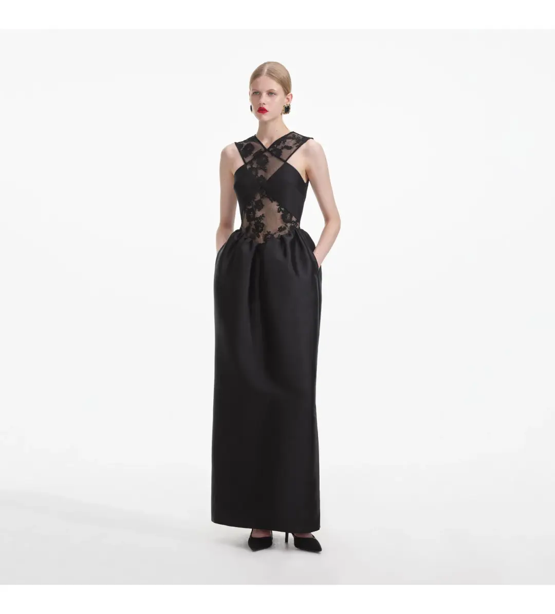 Self Portrait Lace Taffeta Maxi Dress in Black Size 12 for rent on The Volte - main image