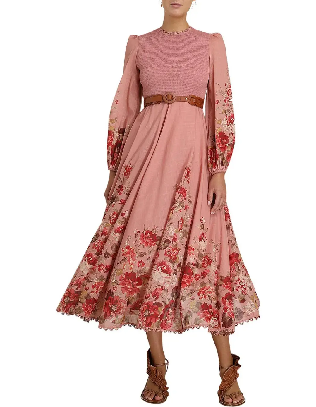 Zimmermann Cassia Shirred Midi Dress Musk Floral Size AU 12 for rent on The Volte - main image