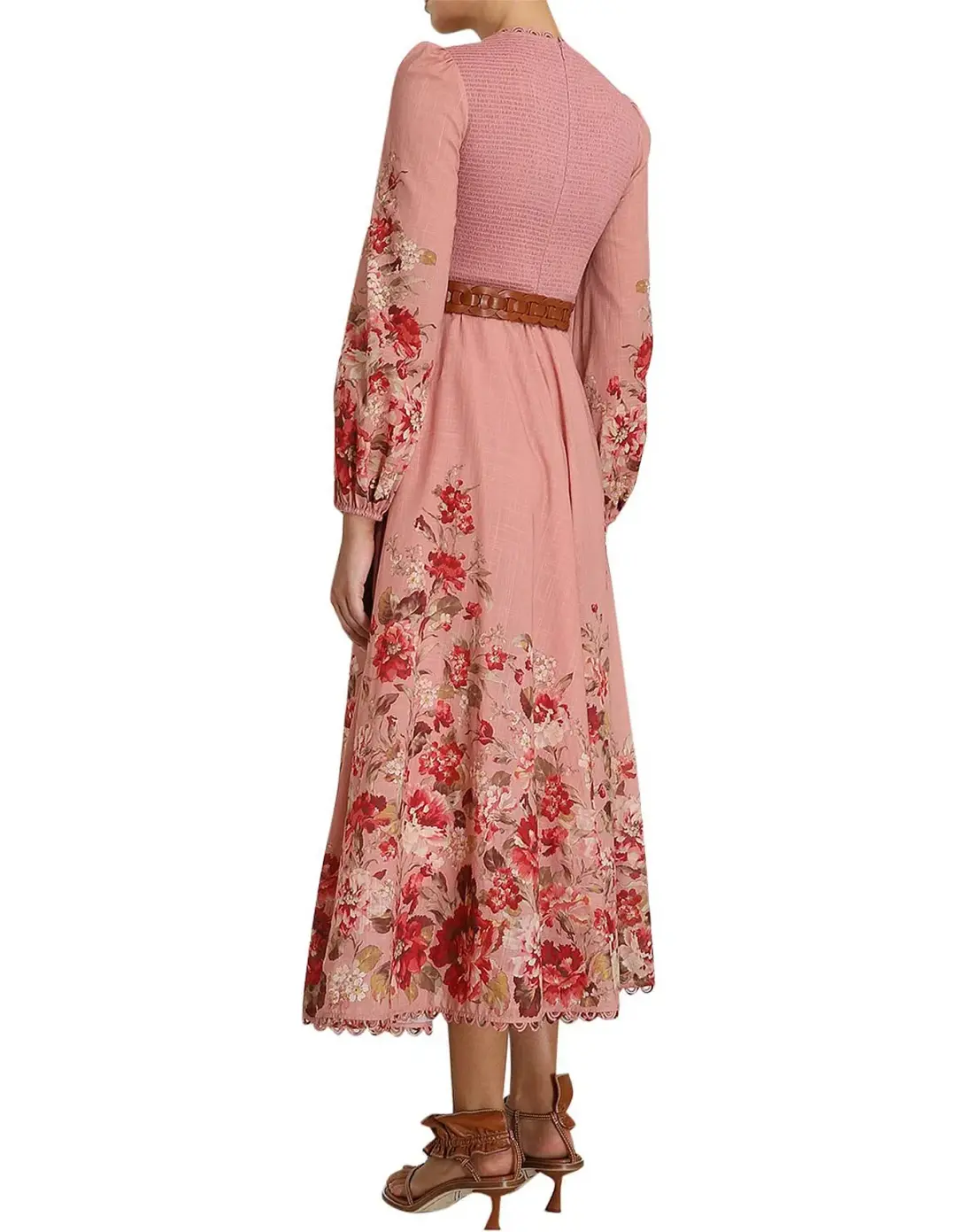 Zimmermann Cassia Shirred Midi Dress Musk Floral Size AU 12 for rent on The Volte - main image