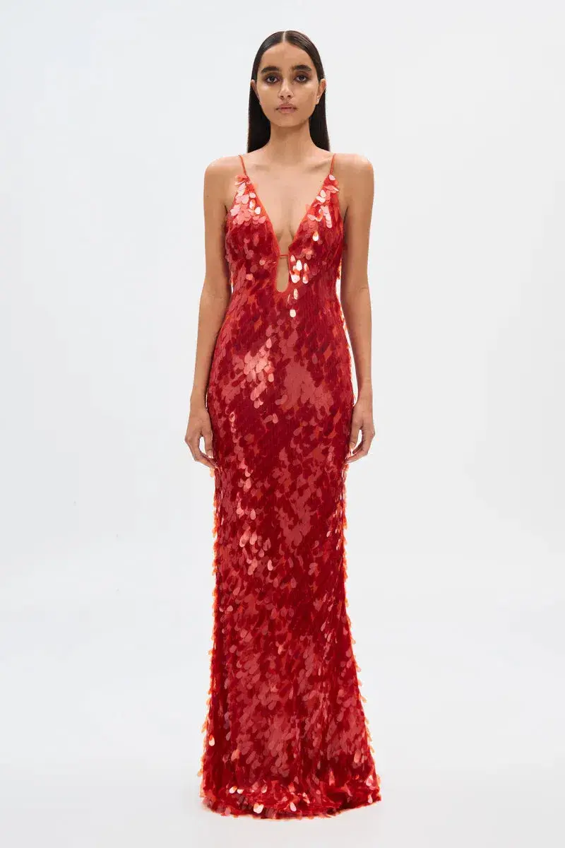 Misha Sapphire Sequin Maxi Dress Red Size 10/M for rent on The Volte - main image