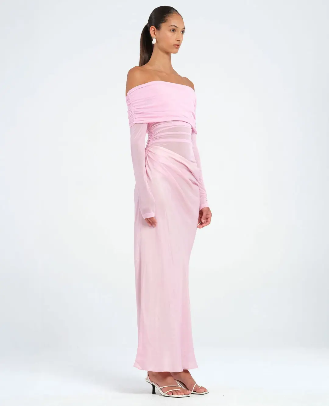 Benni Yasmin Off Shoulder Maxi Dress in Baby Pink Size 10 for rent on The Volte - main image