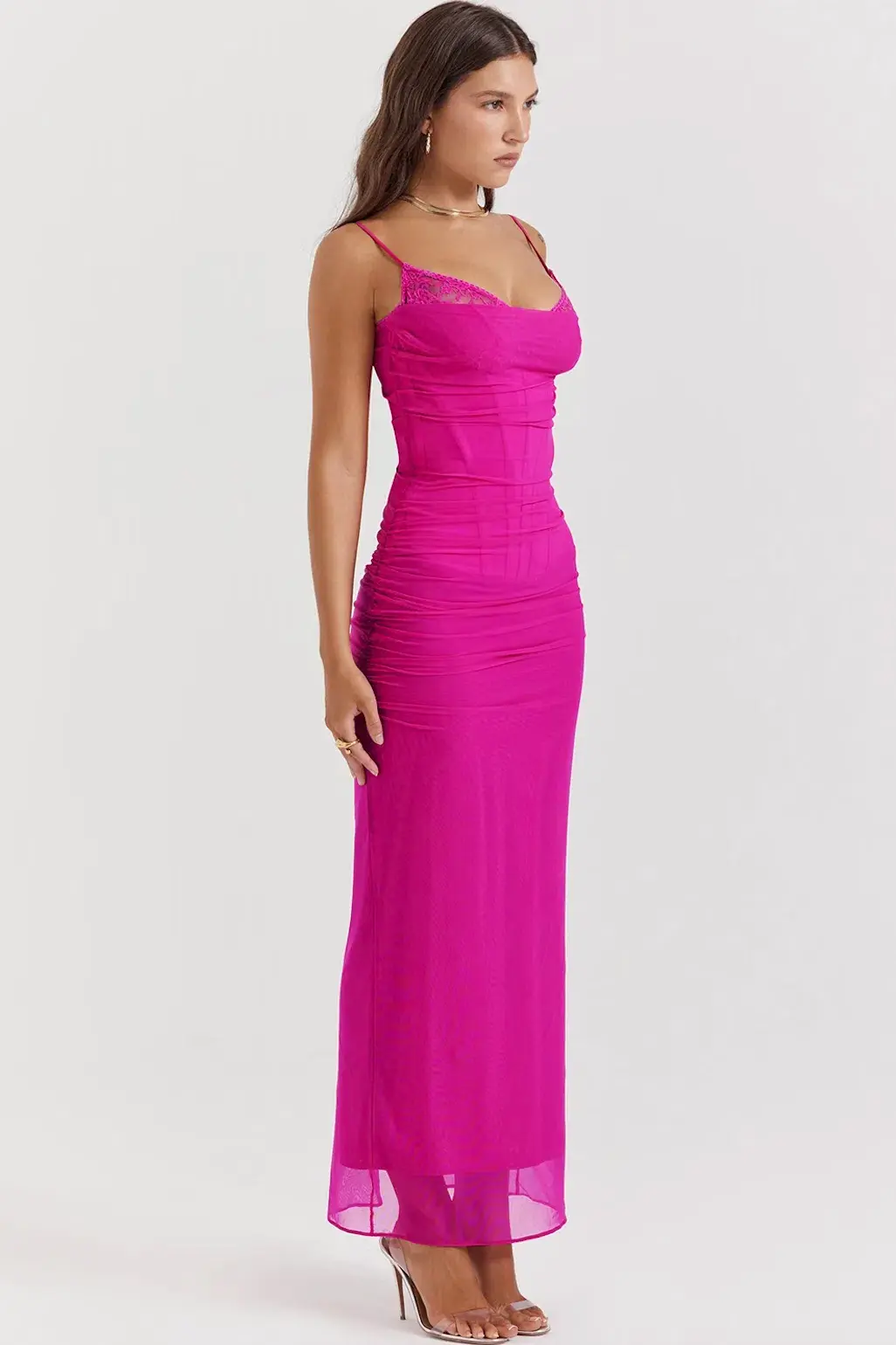 House of CB Nalini Fuchsia Hot Pink Lace Mesh Maxi Dress in Size 6/XS for rent on The Volte - main image