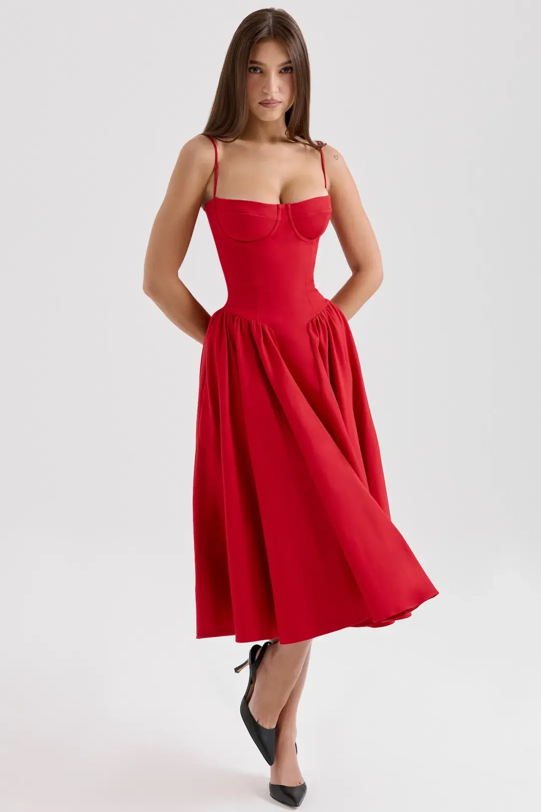 House of CB Samaria Gathered Midi Dress Red Size 8/S for rent on The Volte - main image