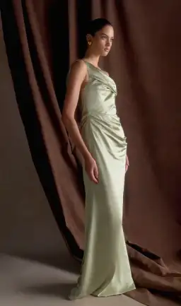 Meshki Dalia Off Shoulder Satin Maxi Dress Maxi Sage Size 8/S for rent on The Volte - image 3
