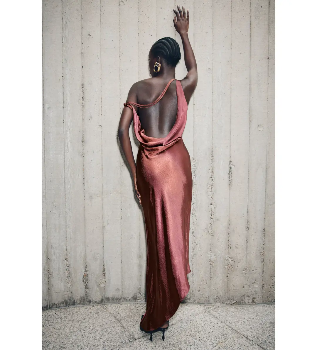 MESHKI Yvette Slip Maxi Dress With Asymmetrical Hem Brown Cherry Size XS Au 6 for rent on The Volte - main image