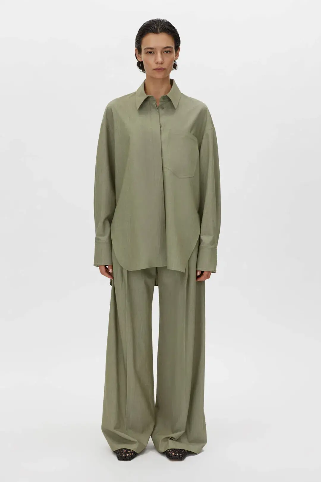 Camilla and Marc Ramon Shirt Size 8 and Pant Size 12 Set Light Khaki Marle for rent on The Volte - main image