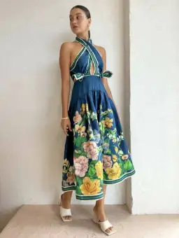 Alemais Lyla Halter Midi Dress Blue Size AU 6