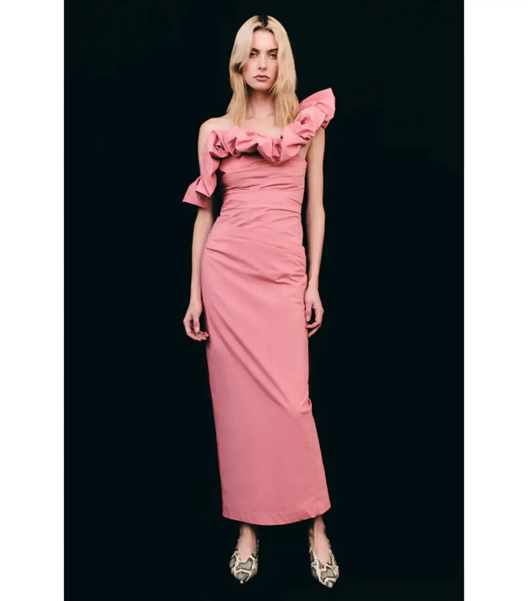 Shona Joy Campbell Ruffle Draped Maxi Dress in Bubblegum Size AU 10 for rent on The Volte - main image